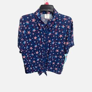 O'rageous Womens Patriotic Stars Cabana Top Blue Red White Tie Front Shirt M NEW